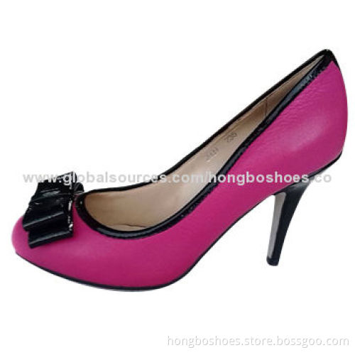 Leather pump shoes, dress bow for upper, mid heel, rubber sole